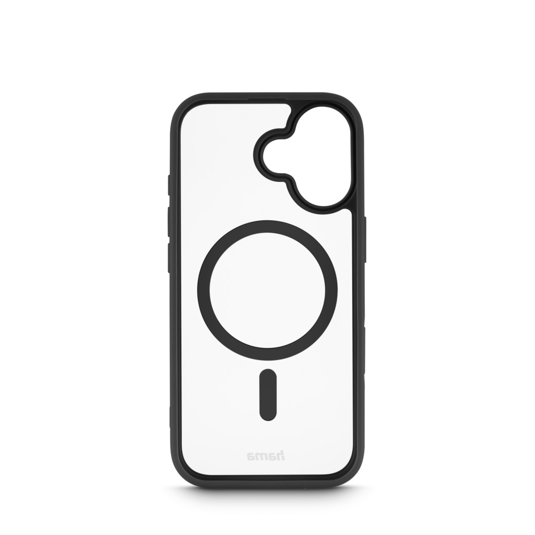 Eine transparente Handyhülle mit schwarzem Rand und MagSafe-Ring. Die Hülle hat Aussparungen für Kamera und Tasten. Weißer Hintergrund.