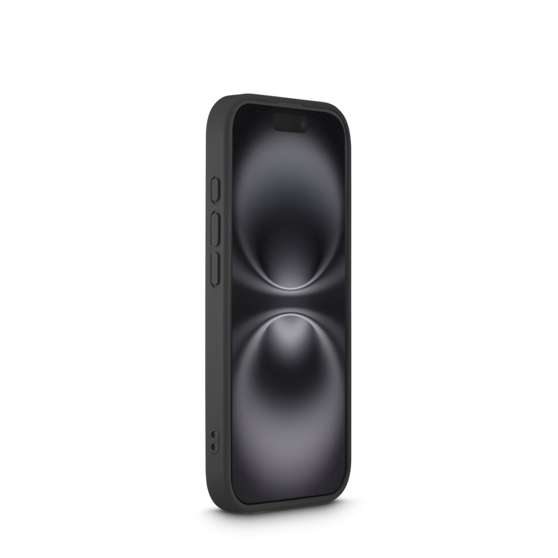 Ein schwarzes Smartphone in einer schwarzen Hülle vor weißem Hintergrund. Der Bildschirm zeigt ein dunkles, abstraktes Design.