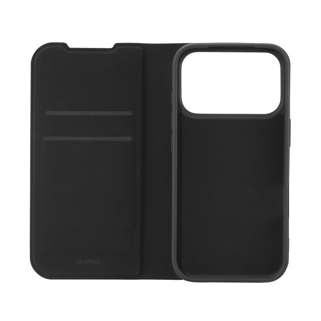 Schwarze Smartphone-Hülle, offen. Sie hat ein Kartenfach und eine Telefonhalterung. Der Markenname 'hama' ist sichtbar.