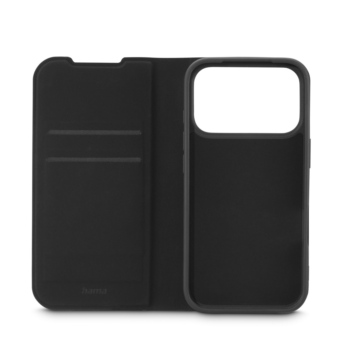 Geöffnete schwarze Handyhülle mit Innenansicht und Telefonhalter. Die Hülle hat einen Magnetverschluss und ein Markenlogo.