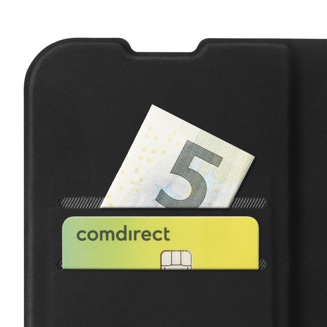 Eine schwarze Brieftasche mit einem 5-Euro-Schein und einer Comdirect-Kreditkarte in den Taschen.