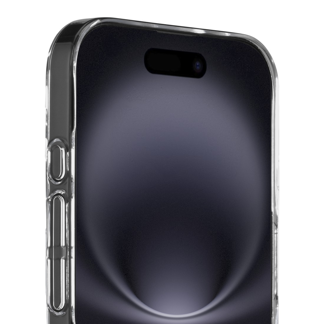 Nahaufnahme eines Smartphones in einer durchsichtigen Hülle. Der Bildschirm ist dunkel, oben ist ein Kameraausschnitt sichtbar. Die Hülle hat klares Design.