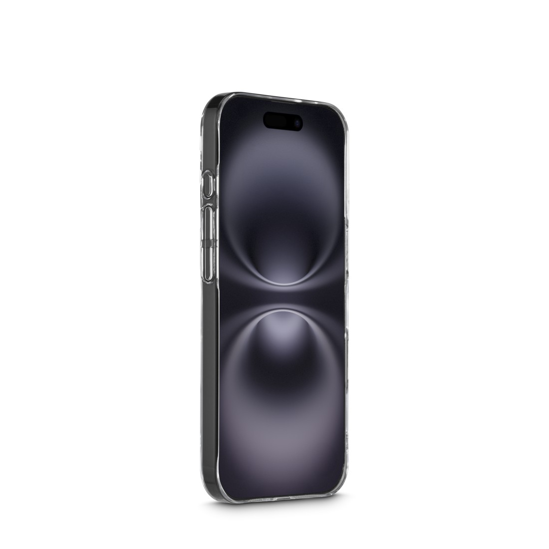 Ein Smartphone mit klarer Hülle wird gezeigt. Der Bildschirm zeigt ein dunkles, abstraktes Muster. Der Hintergrund ist weiß.