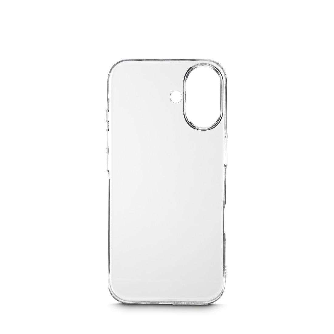 Eine klare, transparente Handyhülle. Sie hat einen Kameraausschnitt und befindet sich vor einem weißen Hintergrund. Die Hülle ist sauber und einfach.