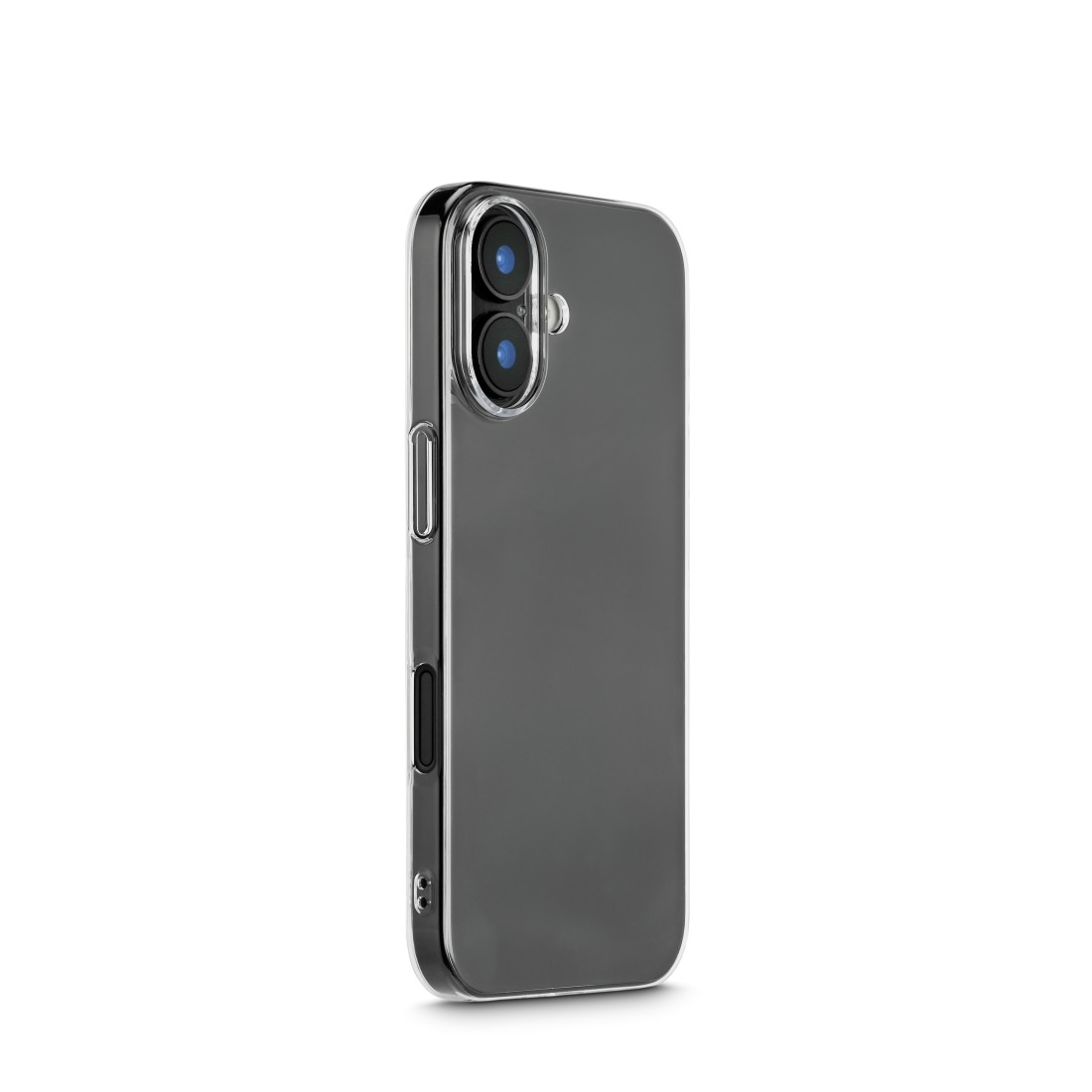 Eine transparente Handyhülle auf weißem Hintergrund. Die Hülle umgibt ein dunkelgraues Telefon und zeigt Kameralinsen und Knöpfe.