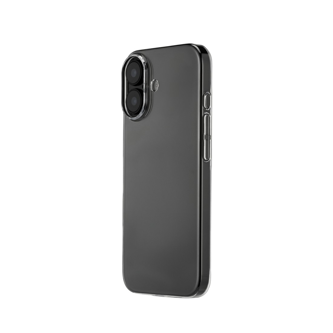 Ein Smartphone mit dunkelgrauer Hülle. Die Hülle hat einen klaren Rand und eine Dual-Kamera. Das Telefon ist vor weißem Hintergrund abgewinkelt.