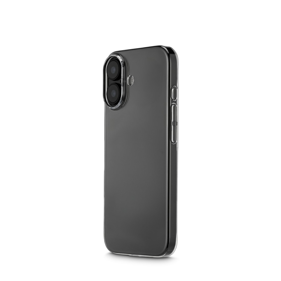 Eine dunkelgraue Smartphone-Hülle mit transparentem Rand, die Kamera und Seitentasten zeigt. Der Hintergrund ist schlicht weiß.