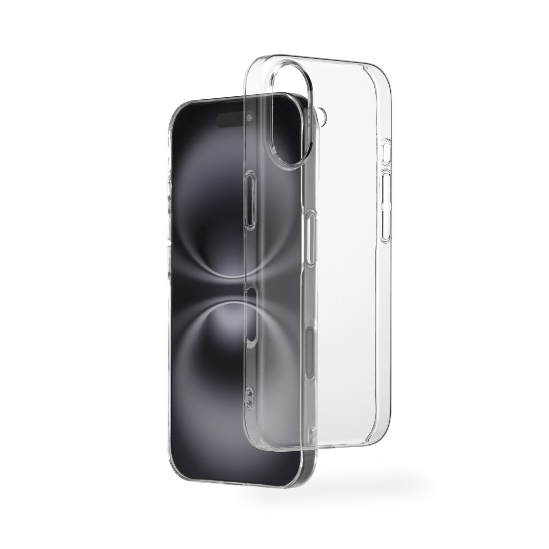 Ein schwarzes Smartphone mit einer transparenten Schutzhülle. Die Hülle ist leicht versetzt, sodass das Display sichtbar ist.