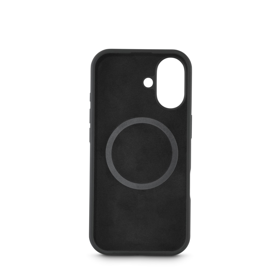 Eine schwarze Handyhülle mit kreisförmigem Magnetring und Kameraausschnitt. Der Hintergrund ist weiß.