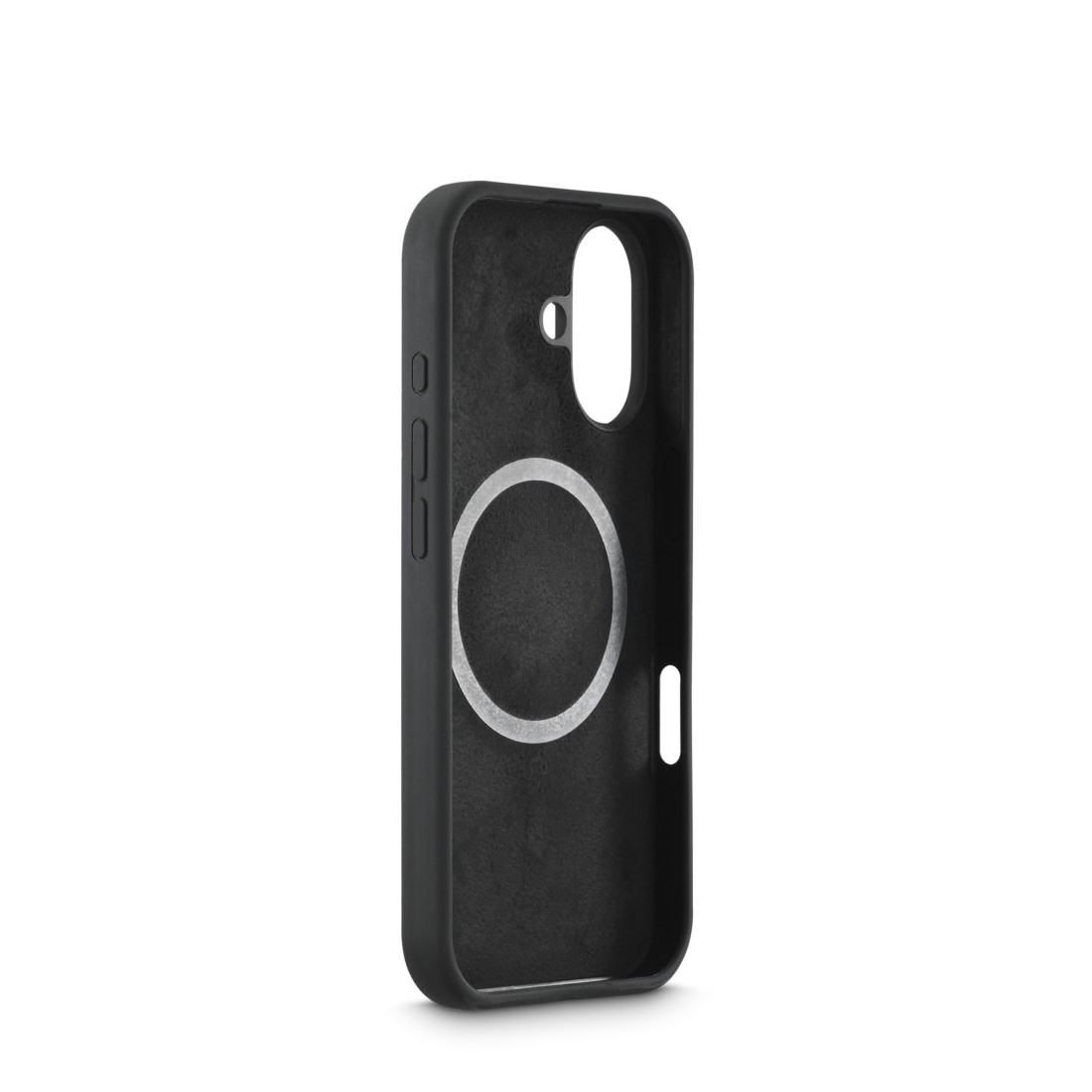 Eine schwarze Handyhülle mit einem silbernen kreisförmigen Design. Sie hat Ausschnitte für Knöpfe und Kameras. Der Hintergrund ist weiß.