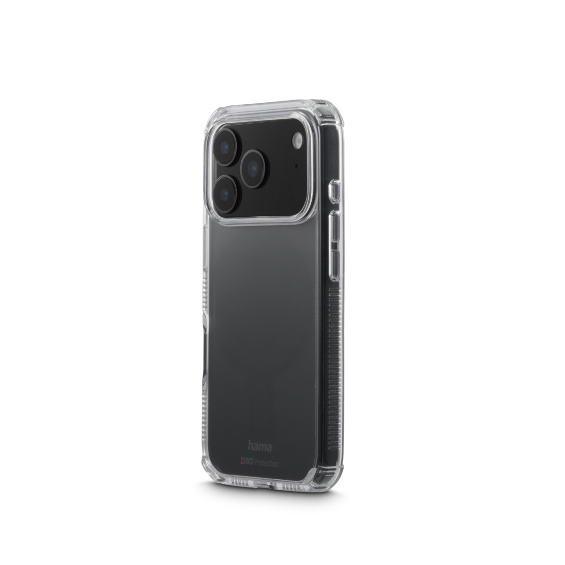 Eine transparente Handyhülle schützt ein schwarzes Smartphone. Die Hülle hat ein transparentes Design, und das Telefon hat eine Dreifach-Kamera.