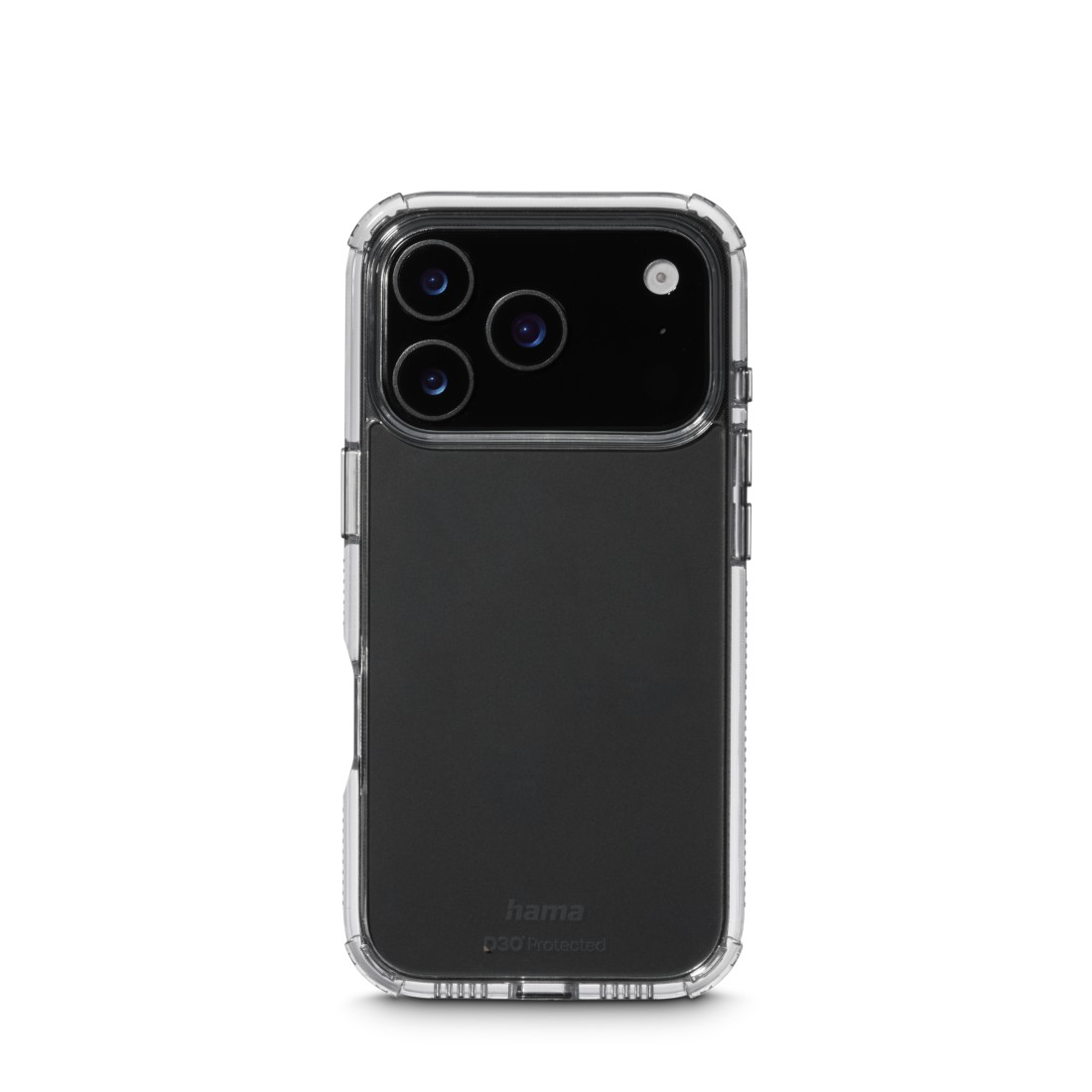 Ein schwarzes Smartphone in einer transparenten Hülle. Die Hülle hat einen klaren Rand, und das Wort 'hama' ist unten sichtbar.