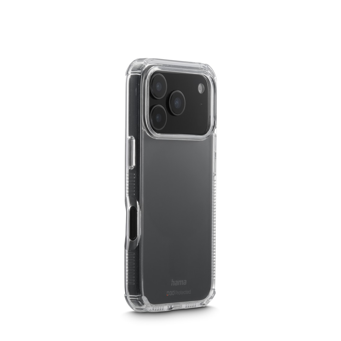 Eine transparente Handyhülle mit einem schwarzen Telefon. Die Hülle hat einen transparenten Rahmen und eine graue Rückseite. Die Kameralinsen sind sichtbar.