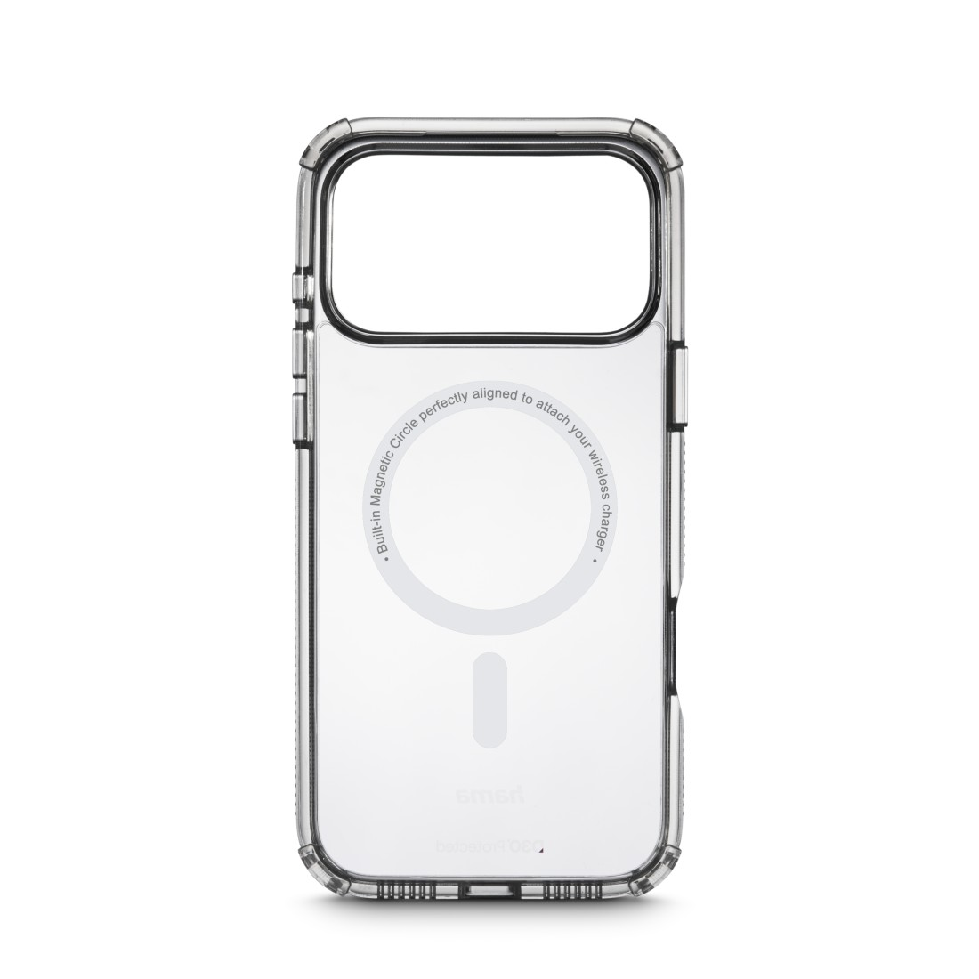 Transparente Handyhülle mit MagSafe, weißer Hintergrund. Die Hülle hat einen Kameraausschnitt und Text mit 'Built-in Magnetic Circle'.