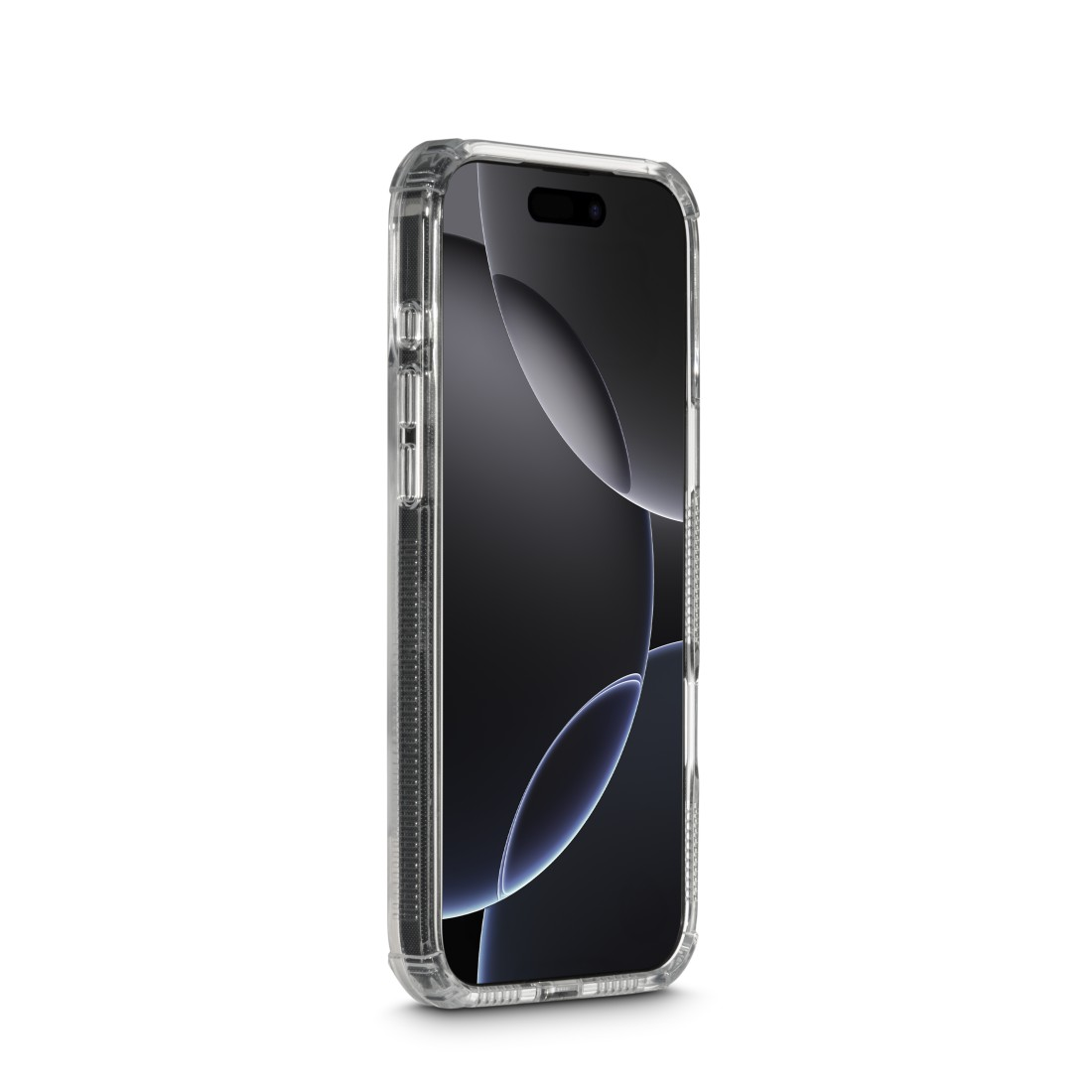 Ein Smartphone in einer transparenten Schutzhülle, leicht angewinkelt. Der Bildschirm ist schwarz mit einem verschwommenen Design. Die Hülle ist transparent.