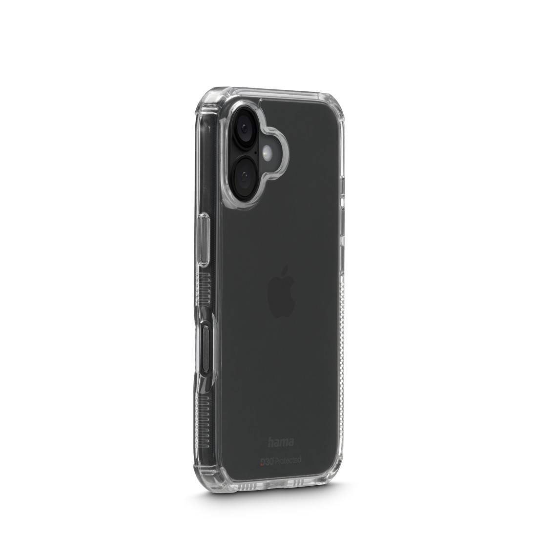 Eine transparente Handyhülle mit einem schwarzen Telefon im Inneren. Die Hülle hat einen Schutzrahmen. Das Telefon hat eine Kamera und ein Apple-Logo.
