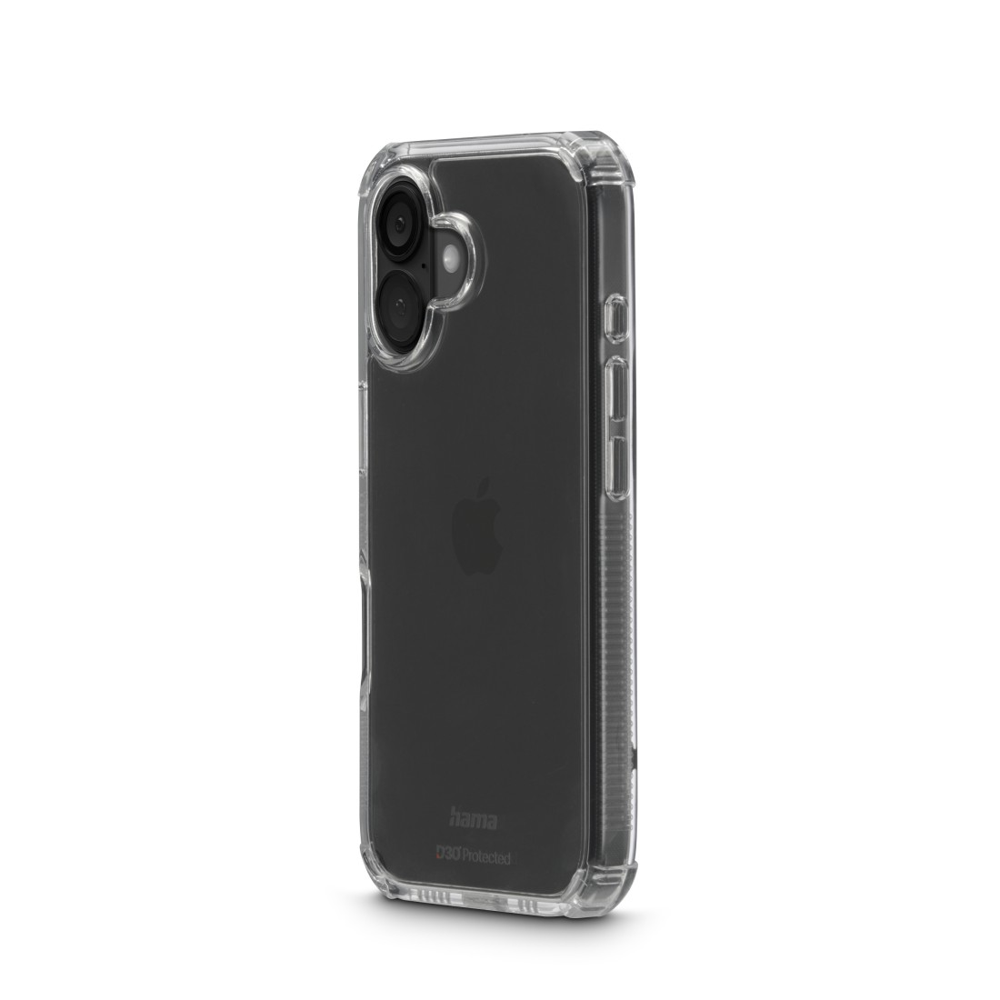 Eine transparente Handyhülle mit Apple-Logo. Die Hülle umgibt das Telefon, sichtbare Tasten und Kameras. Der Hintergrund ist weiß.