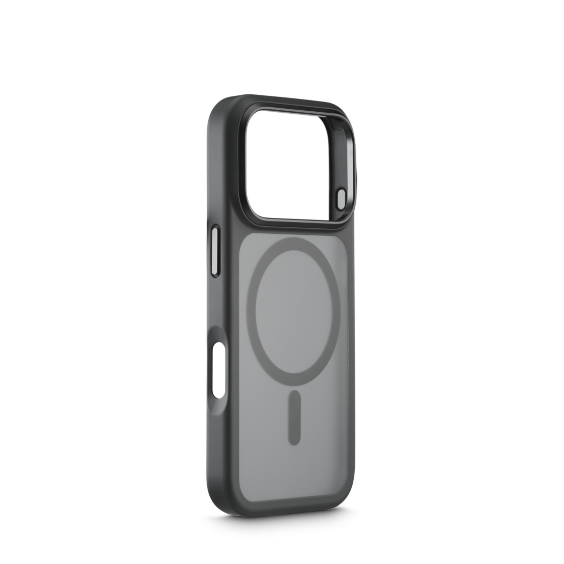 Eine schwarze Handyhülle mit durchsichtigem Rücken wird auf weißem Hintergrund gezeigt. Sie hat einen Kameraausschnitt und ein kreisförmiges Design.