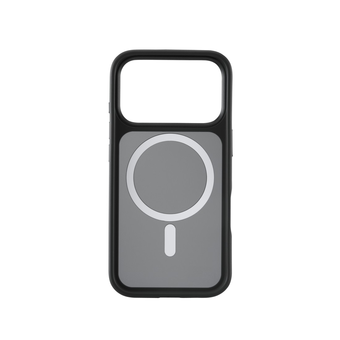 Schwarze iPhone-Hülle mit grauem Kreis und Minuszeichen. Die Hülle hat eine transparente obere Öffnung und einen schwarzen Rahmen.