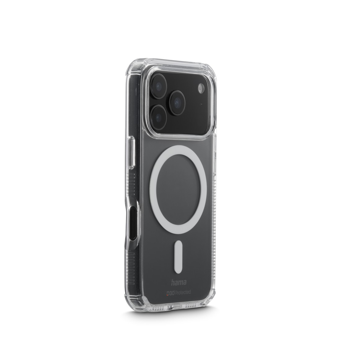 Eine transparente Handyhülle mit einem schwarzen Telefon im Inneren. Die Hülle hat ein kreisförmiges Design und ein Logo. Der Hintergrund ist weiß.