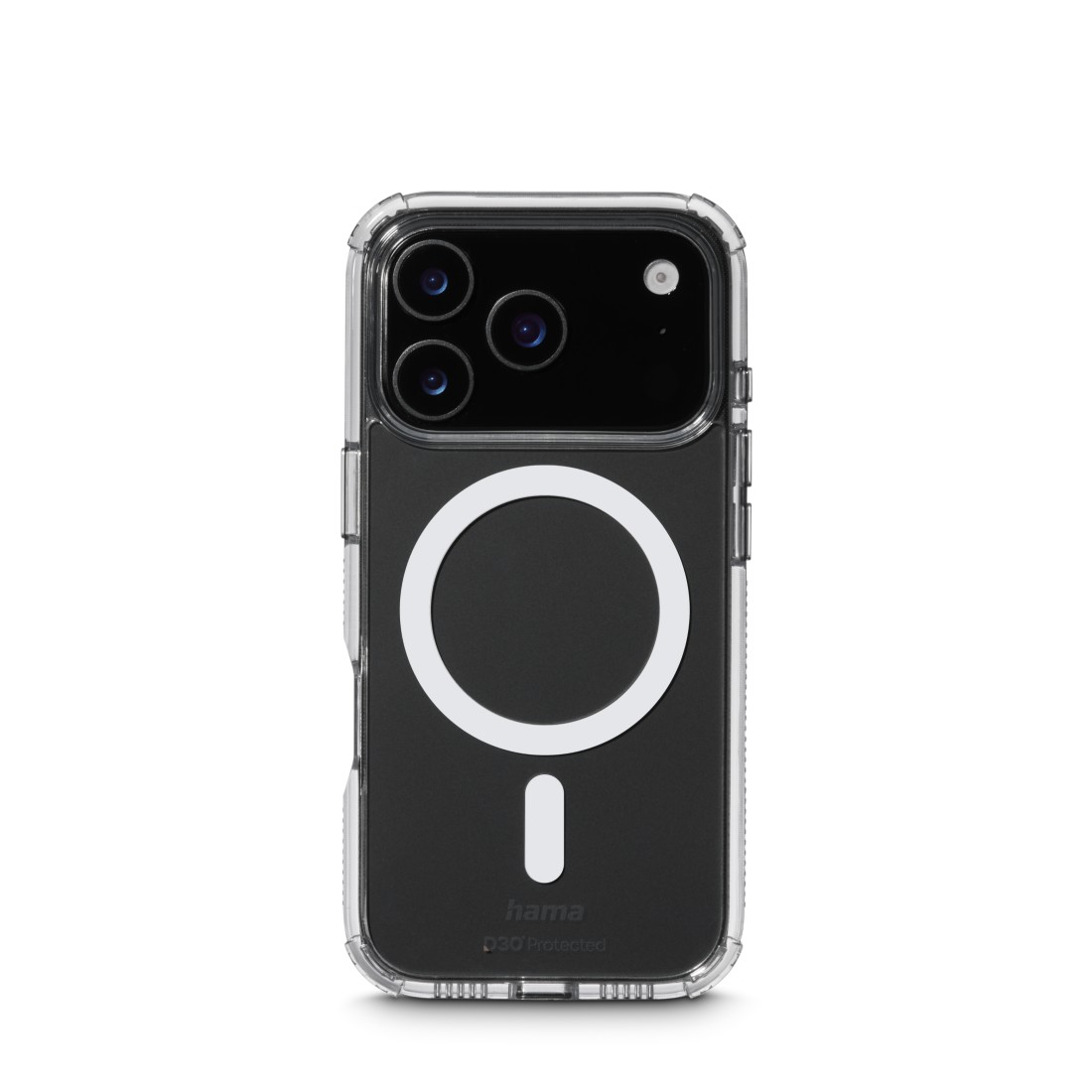 Ein iPhone in einer durchsichtigen Hülle. Die Hülle hat einen weißen Kreis und ein Minuszeichen. Das Telefon hat drei Objektive.