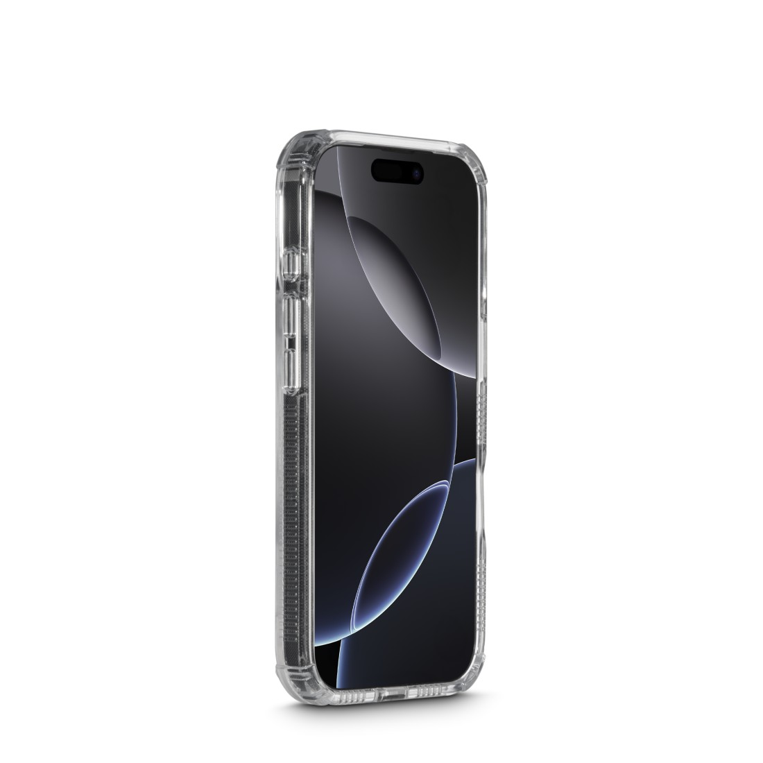 Ein Smartphone in einer transparenten Hülle auf weißem Hintergrund. Der Bildschirm ist dunkel, die Hülle hat einen strukturierten Rand.