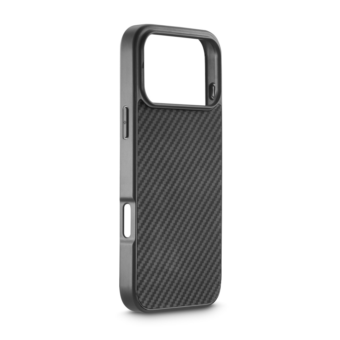 Eine schwarze Handyhülle mit Kohlefasertextur. Sie hat einen Kameraausschnitt und Knöpfe.