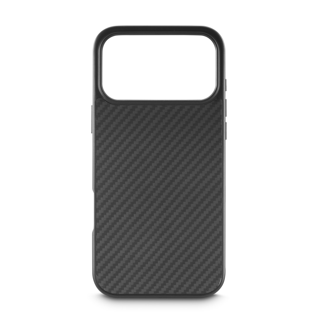 Eine schwarze Handyhülle mit Carbonfaserstruktur. Sie hat einen großen Kameraausschnitt oben und ist vor weißem Hintergrund platziert.