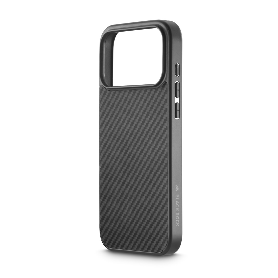 Eine schwarze Handyhülle mit Karbonfasermuster, mit Aussparung für Kamera und Knöpfe. Der Markenname 'BLACK ROCK' ist sichtbar.