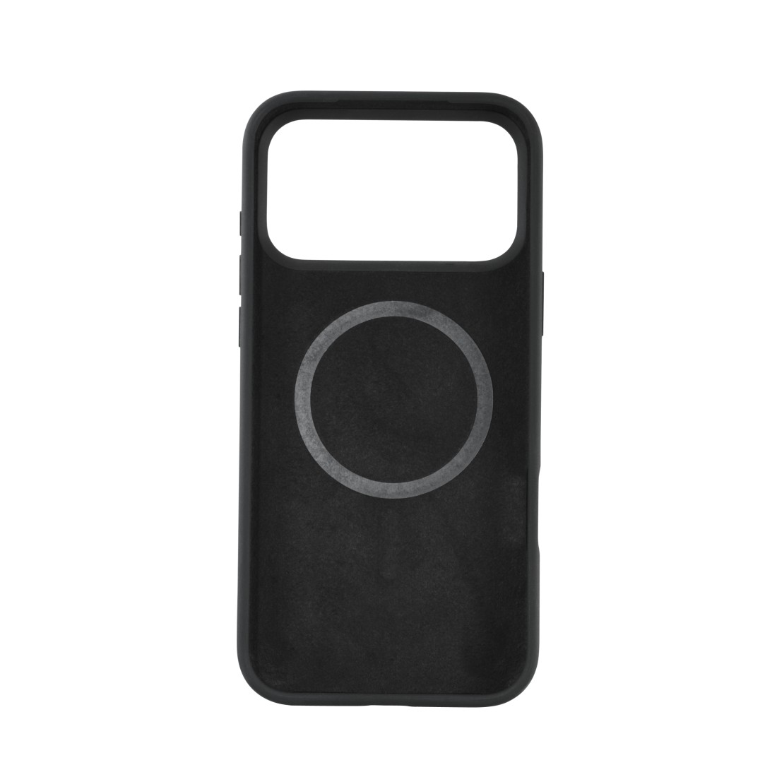 Eine schwarze Handyhülle mit Kameraausschnitt und kreisförmigem magnetischen Ladebereich. Der Hintergrund ist weiß.