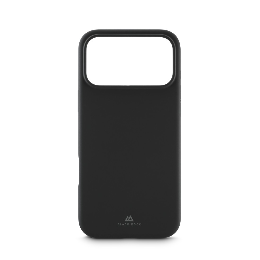 Schwarze Handyhülle. Sie hat einen Kameraausschnitt und das Black Rock Logo unten. Der Hintergrund ist weiß.