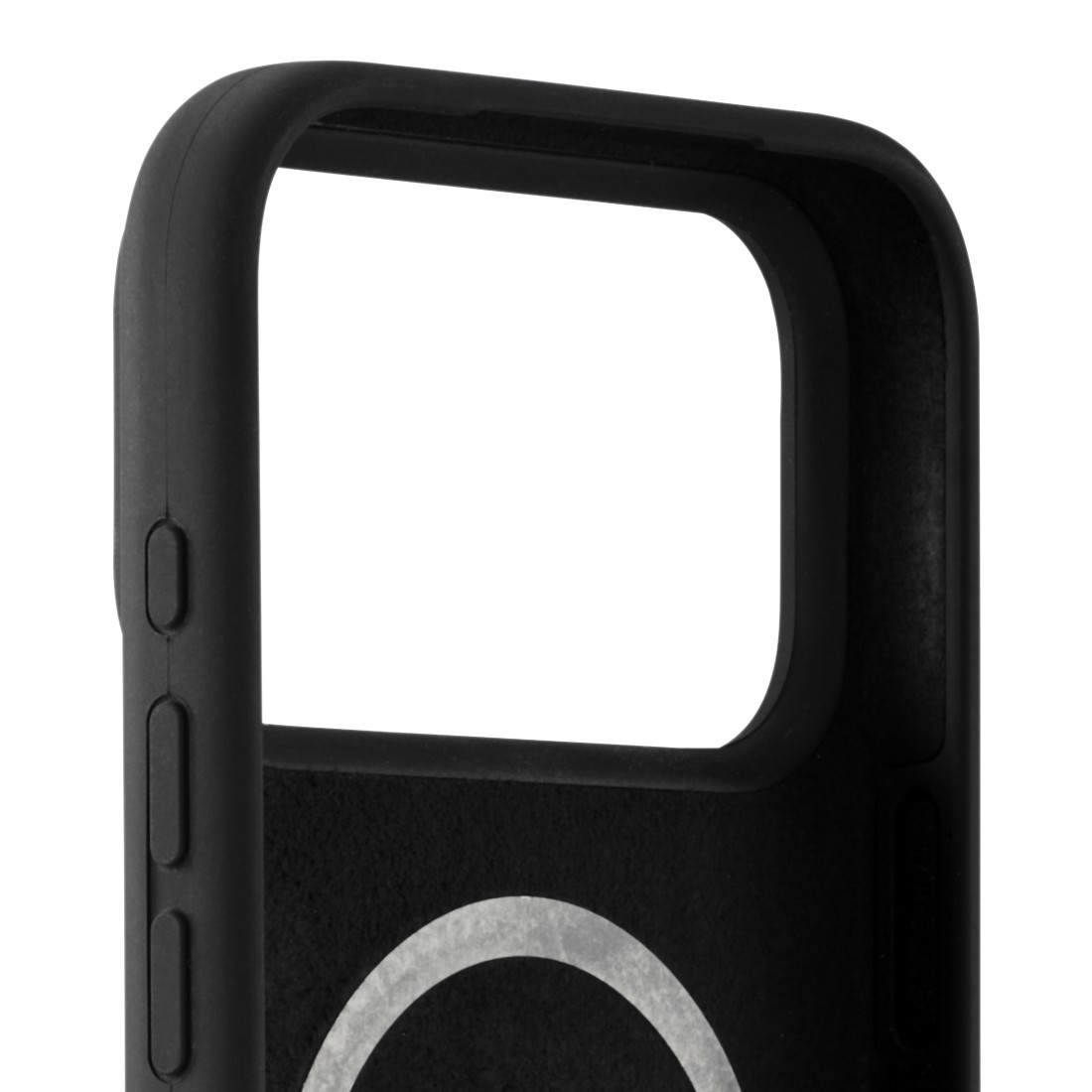 Schwarze Handyhülle mit weißem kreisförmigen Design. Die Hülle hat einen Ausschnitt für die Kamera und Tasten an der Seite.