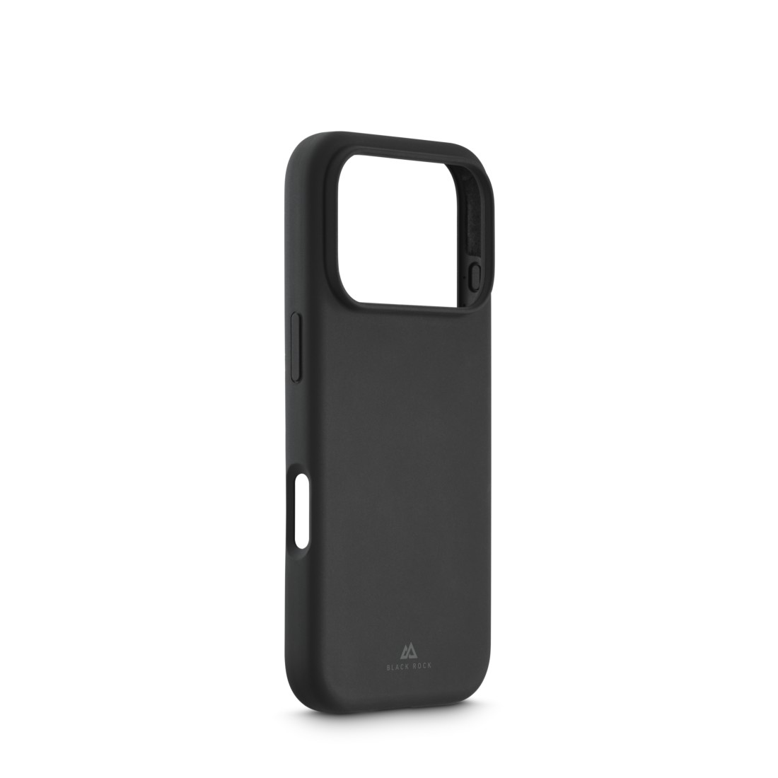 Eine schwarze Handyhülle mit Kameraausschnitt und Branding unten. Sie befindet sich auf weißem Hintergrund.