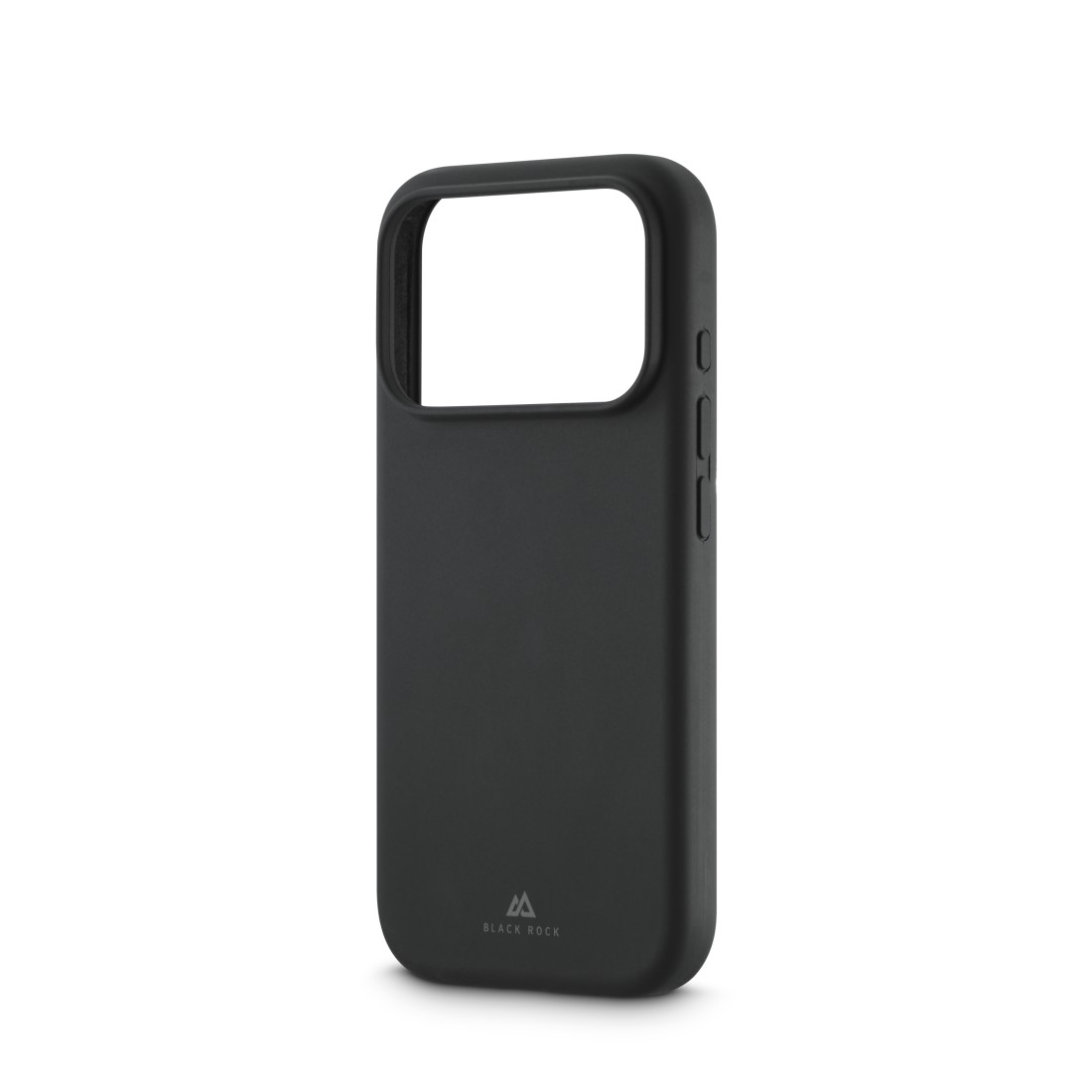 Eine schwarze Handyhülle mit rechteckiger Kameraöffnung. Die Hülle hat Knopfausschnitte an der Seite und das Black Rock-Logo unten.