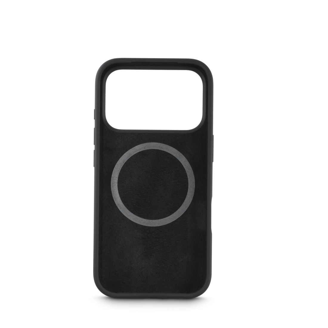 Eine schwarze Handyhülle mit Kameraausschnitt und kreisförmigem Design in der Mitte. Der Hintergrund ist weiß.