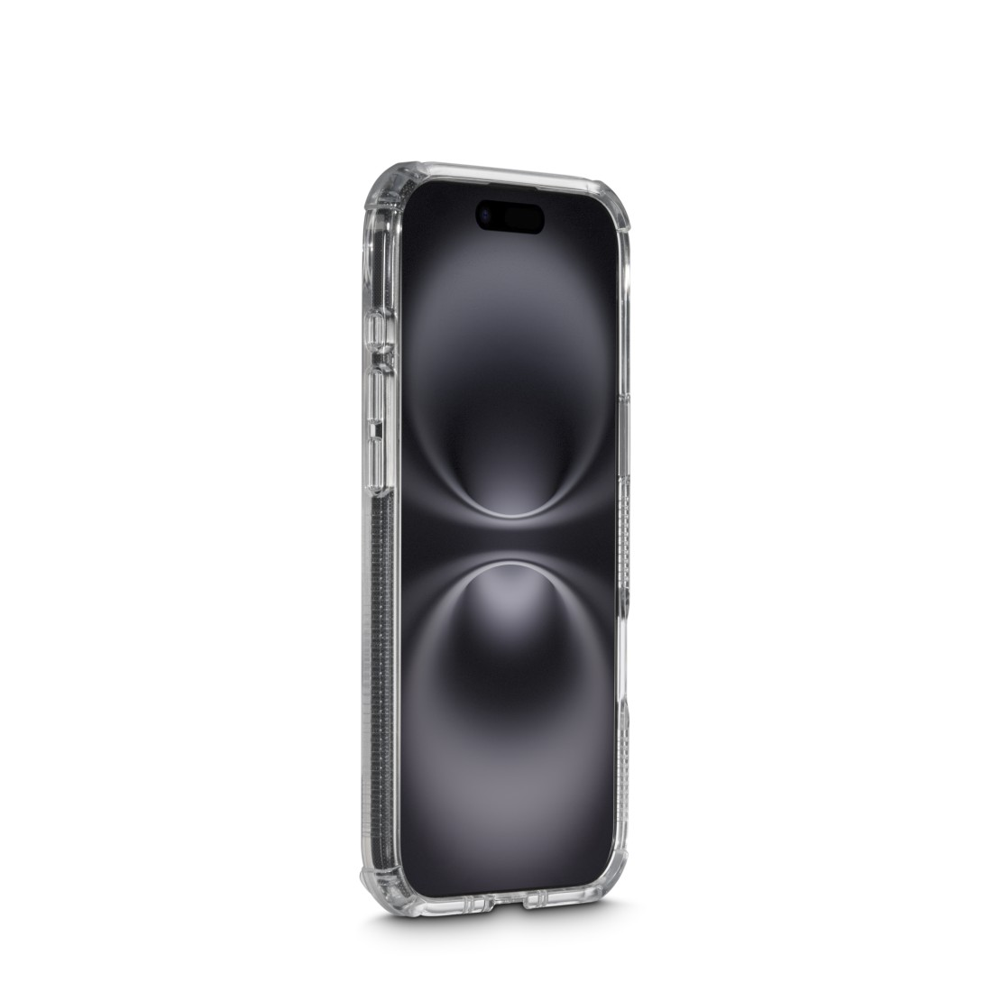 Eine klare Handyhülle mit einem Telefon darin. Der Bildschirm des Telefons ist dunkel, und die Hülle ist transparent.