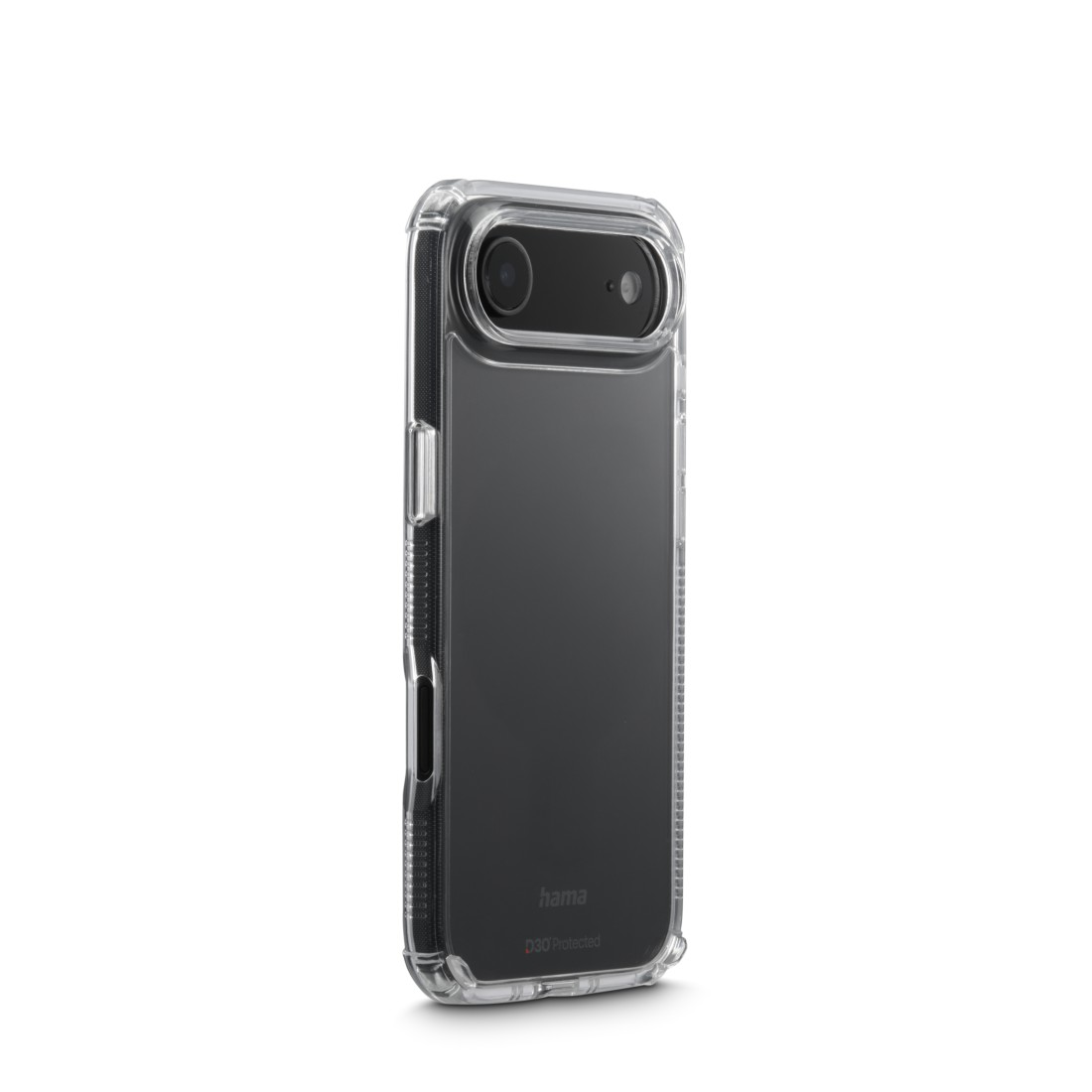 Eine transparente Handyhülle mit einem schwarzen Telefon darin. Die Hülle hat einen Kameraausschnitt und Markenlogos.