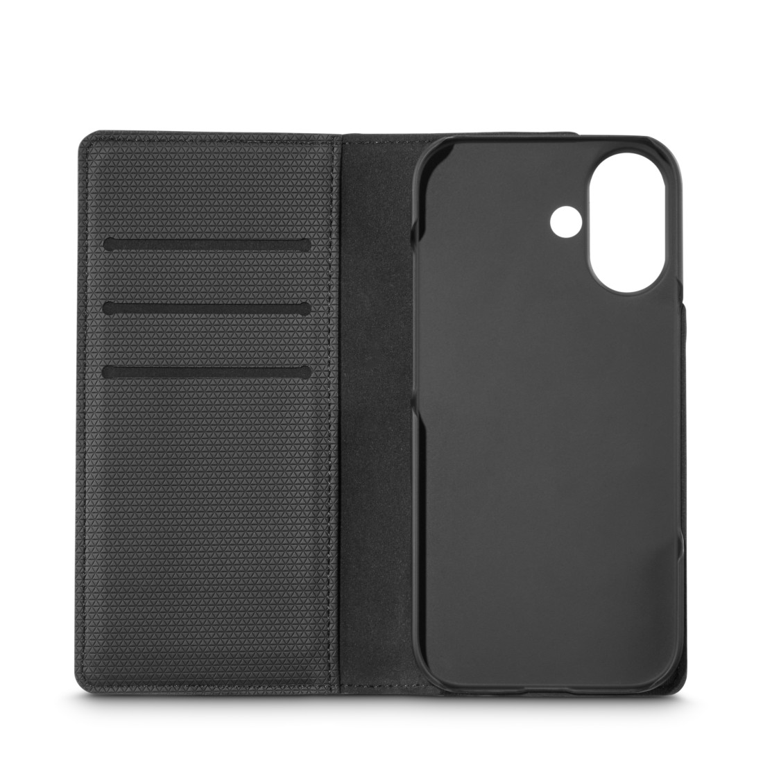 Geöffnete schwarze Handyhülle mit Handyhalter und Kartenfächern. Der Hintergrund ist weiß.