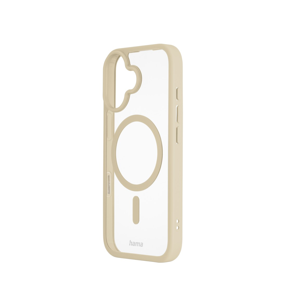 Eine beige-transparente Handyhülle mit kreisförmigem Ausschnitt und Magnetring. Der Markenname 'hama' ist unten sichtbar.