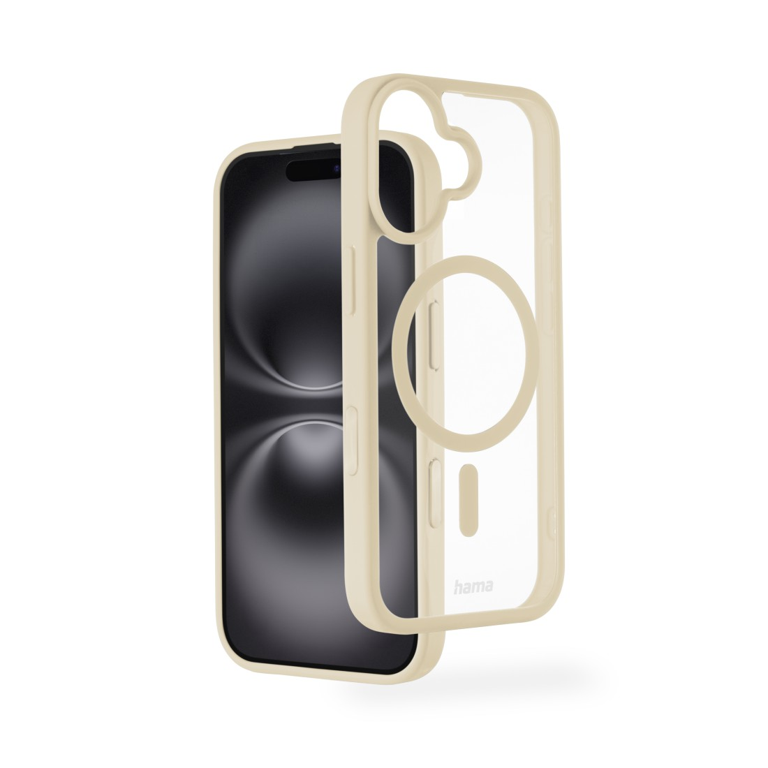 iPhone mit klarer Hülle. Die Hülle ist beige und der Bildschirm des Telefons ist schwarz. Die Hülle ist zweiteilig, eine um das Telefon.