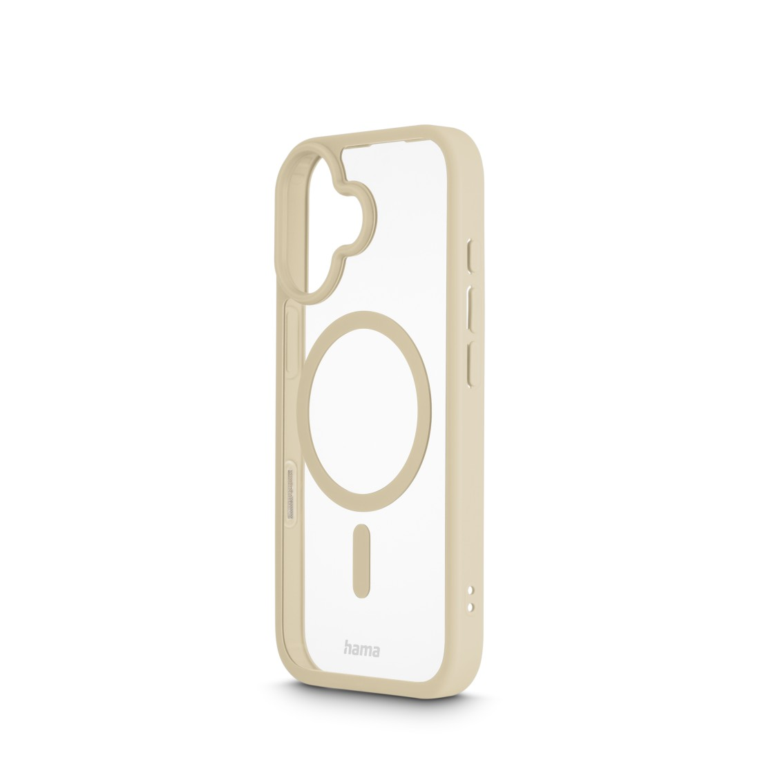 Eine transparente iPhone-Hülle mit beigem Rahmen. Sie hat einen kreisförmigen Magnetbereich und einen Ausschnitt für den Ladeanschluss. Das Hama-Logo ist sichtbar.
