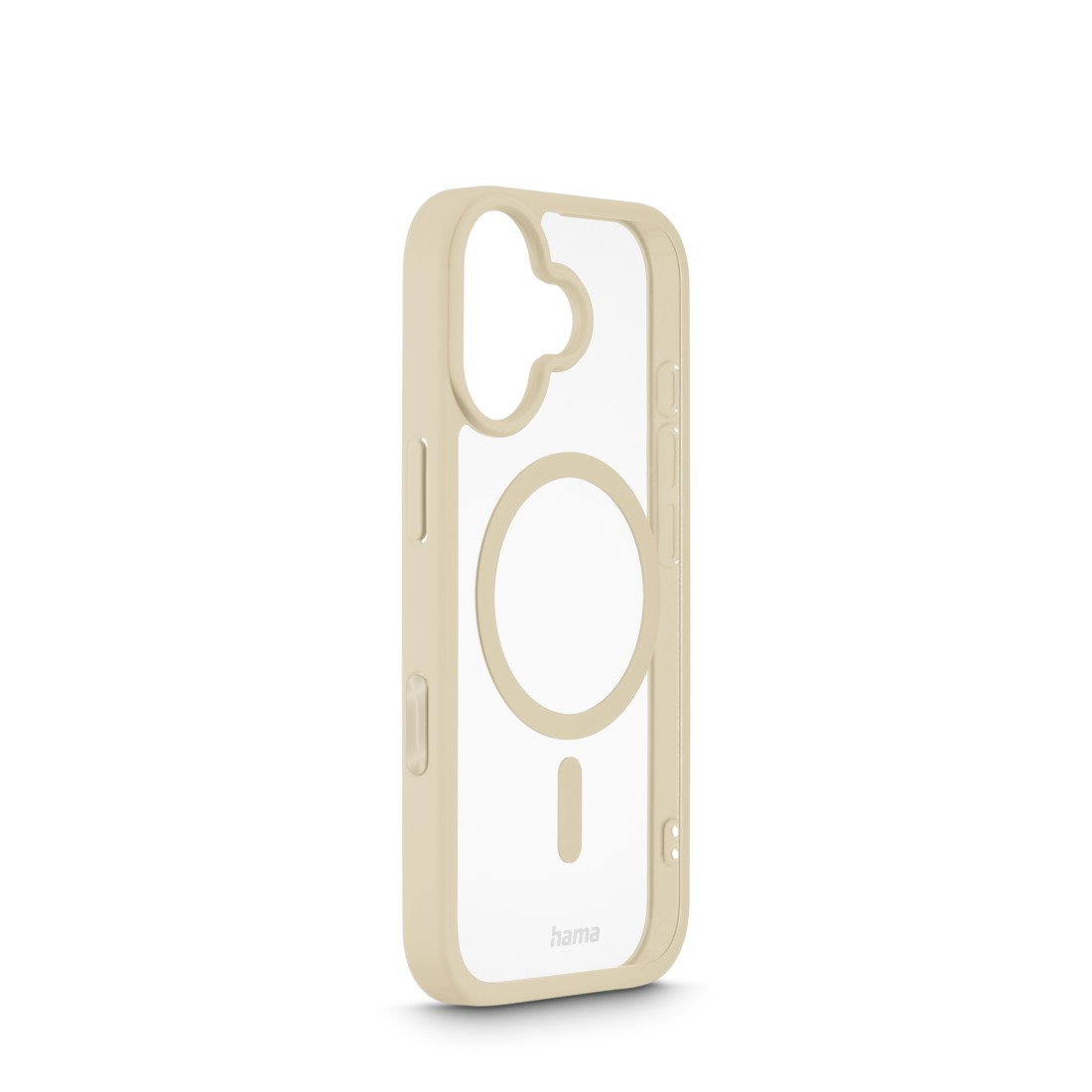 Eine beige und transparente Handyhülle mit einem kreisförmigen Ausschnitt und dem Markennamen 'hama'. Die Hülle hat eine transparente Rückseite und einen beigen Rahmen.