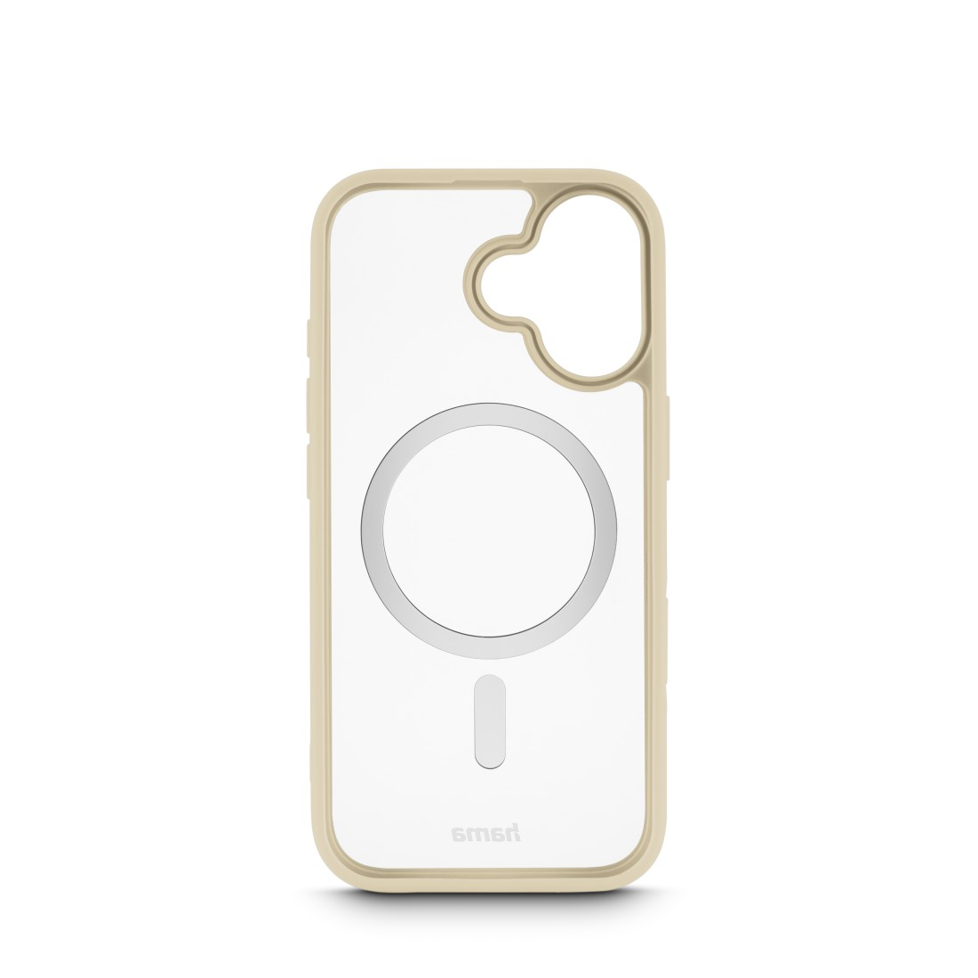 Transparente Handyhülle mit beigem Rahmen. Ein kreisförmiger Magnet in der Mitte, mit einer kleinen Linie darunter und einem Logo unten.