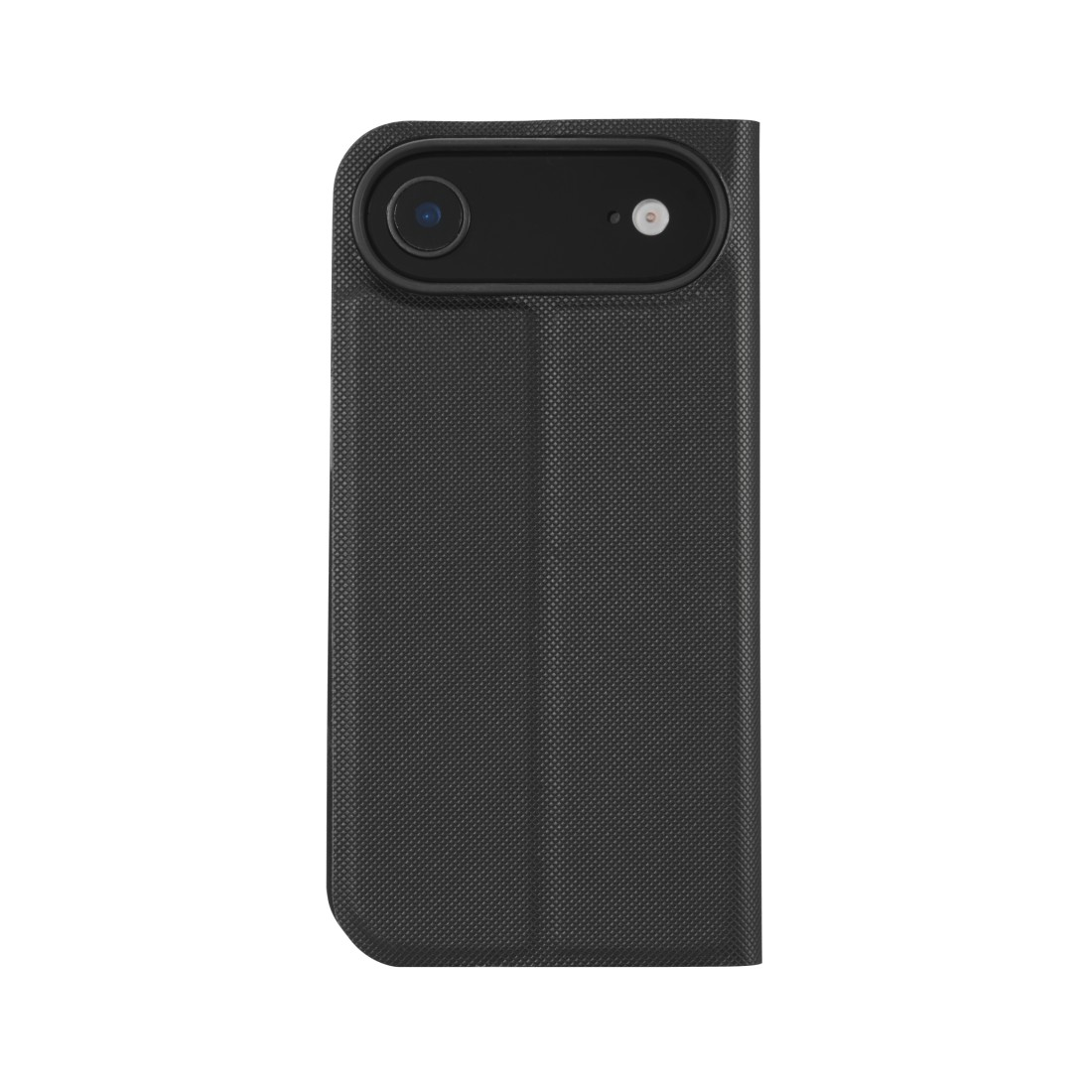 Gezeigt wird eine schwarze Telefonhülle mit Kamera und Blitz oben. Die Hülle hat eine strukturierte Oberfläche und steht auf weißem Grund.