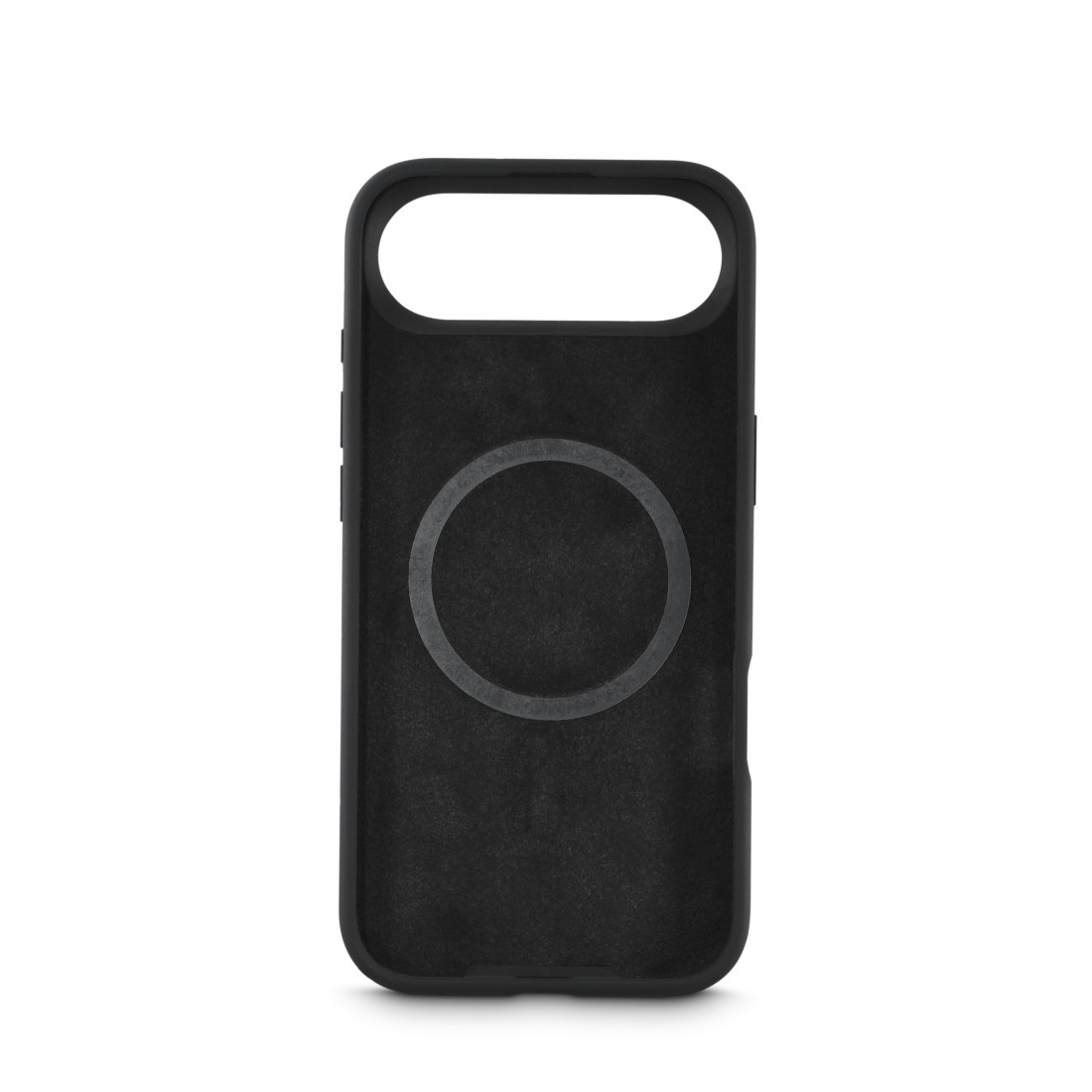 Eine schwarze Handyhülle mit einem kreisförmigen MagSafe-Ring und einem großen Kameraausschnitt. Der Hintergrund ist weiß.