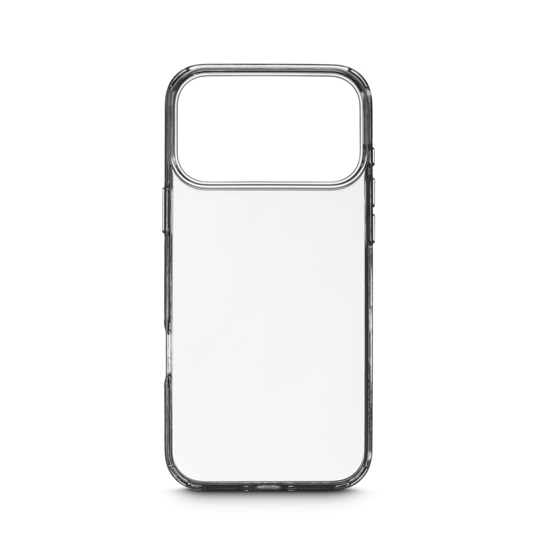 Eine transparente Handyhülle mit dunkelgrauem Rand. Die Hülle hat Aussparungen für Kamera und Knöpfe.