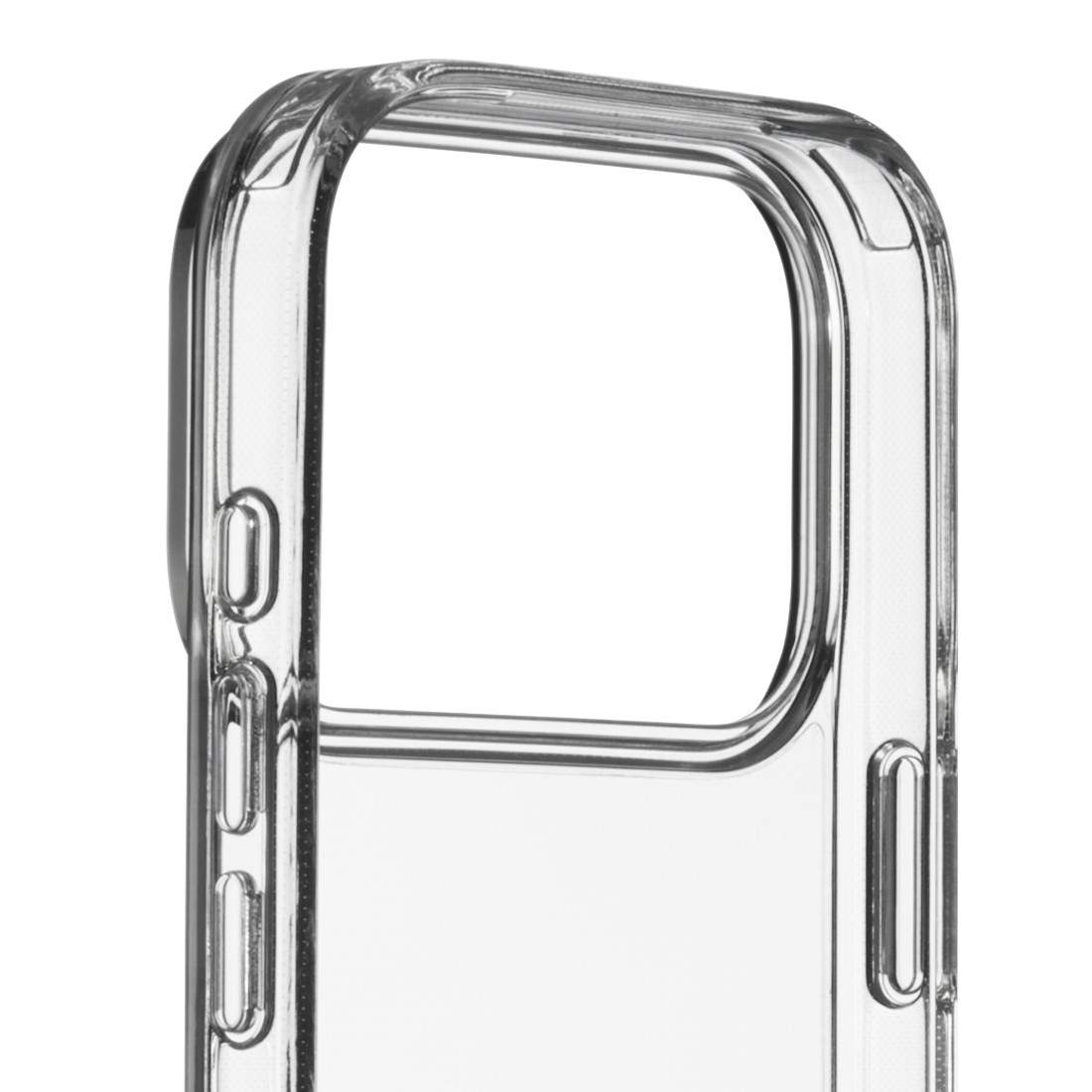 Gezeigt wird eine transparente Handyhülle mit glattem, geschwungenem Design und Öffnungen für Tasten. Die Hülle ist transparent.