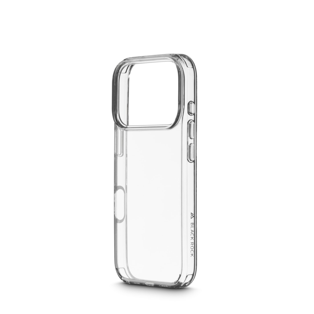 Eine transparente Handyhülle. Die Hülle ist transparent mit rechteckiger Form und Knopfausschnitten. Der Markenname Black Rock ist sichtbar.