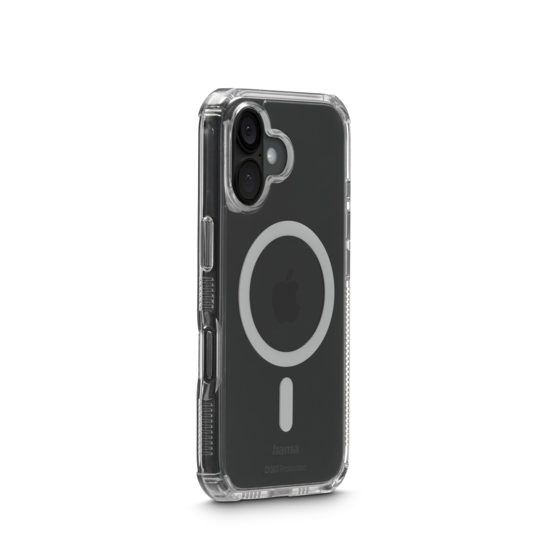 Eine transparente Handyhülle mit schwarzem Hintergrund, Kameraausschnitt und weißem MagSafe-Ring. Auf der Hülle befindet sich ein 'hama'-Logo.