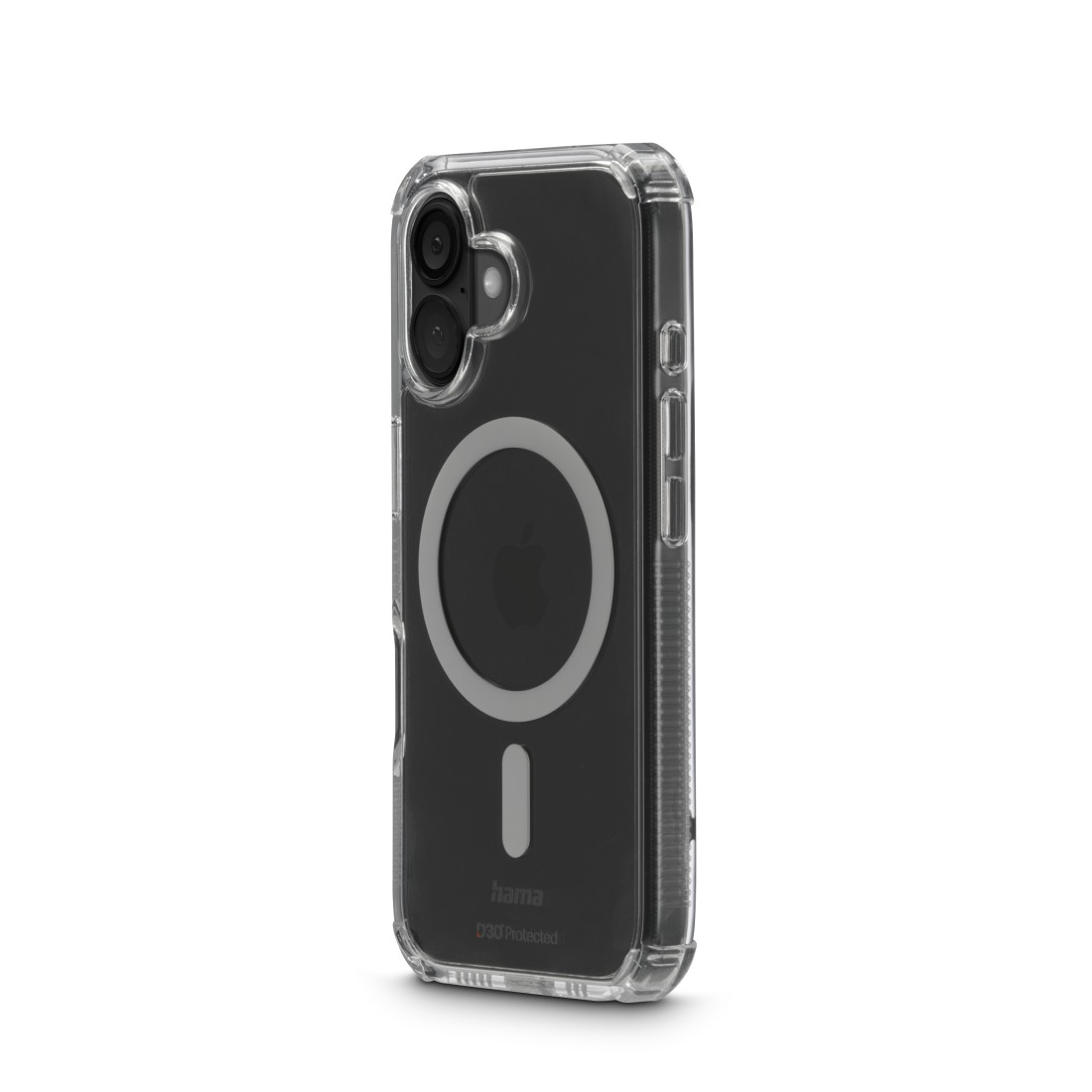 Transparente Handyhülle mit schwarzem Innenraum. Mit MagSafe-Ring, Apple-Logo und Kameraausschnitten. Markenname 'hama' sichtbar.